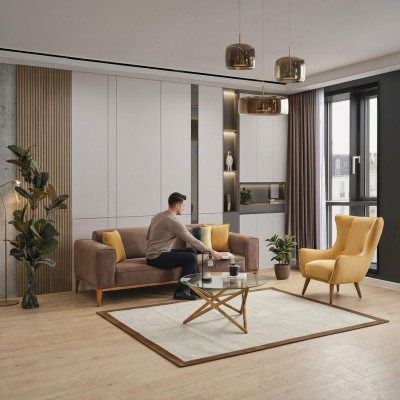 Sofas komplekts Kanapē 4-vietīgais krēsls Dzeltens audums Brūns Moderns Cetrvietīgais