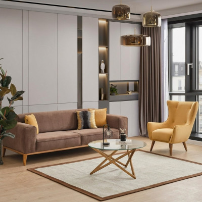Sofas komplekts Kanapē 4-vietīgais krēsls Dzeltens audums Brūns Moderns Cetrvietīgais