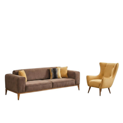 Sofas komplekts Kanapē 4-vietīgais krēsls Dzeltens audums Brūns Moderns Cetrvietīgais