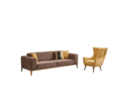 Sofas komplekts Kanapē 4-vietīgais krēsls Dzeltens audums Brūns Moderns Cetrvietīgais