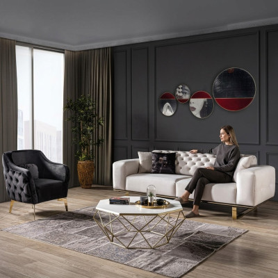 Chesterfield sofa komplekts dīvāns 3-vietīgs krēsls audums luksuss baltā krāsā dīvāni