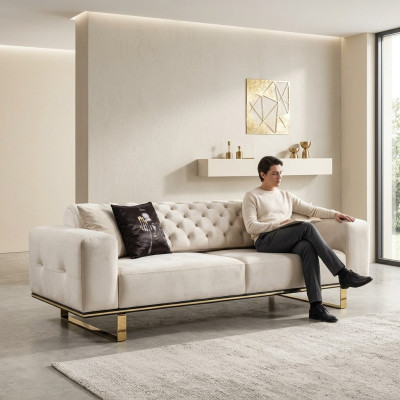 Trejosvietīgā šķīvja sofa Chesterfield 3 sēdvietu sofa balta auduma dīvāns luksusa dzīvojamā istaba