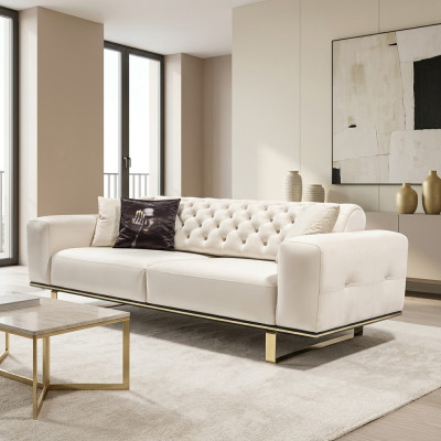Trejosvietīgā šķīvja sofa Chesterfield 3 sēdvietu sofa balta auduma dīvāns luksusa dzīvojamā istaba