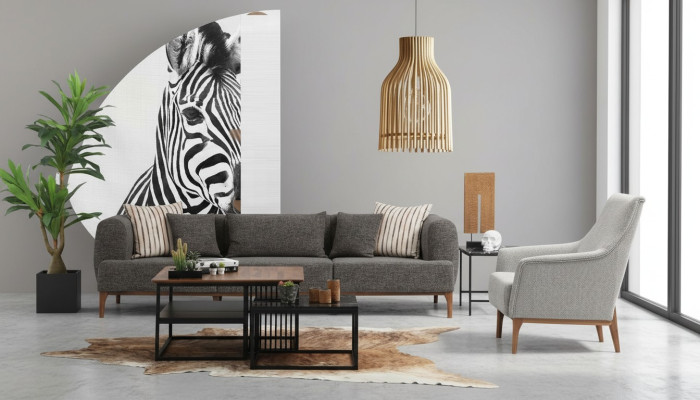 Sofas komplekts ar trim sēdvietām, moderns krēsls, pelēka auduma mīkstais krēsls dzīvojamā istabā.