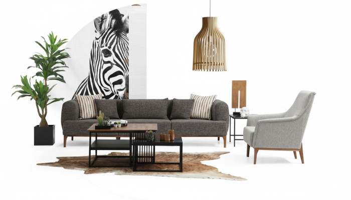 Sofas komplekts ar trim sēdvietām, moderns krēsls, pelēka auduma mīkstais krēsls dzīvojamā istabā.