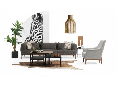 Sofas komplekts ar trim sēdvietām, moderns krēsls, pelēka auduma mīkstais krēsls dzīvojamā istabā.