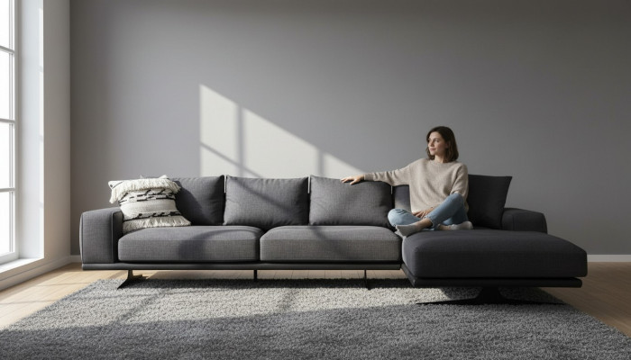 Stūrsofa L-formas sofa dzīvojamā istaba pelēka moderna auduma mēbeles mīksto sēdvietu dizains