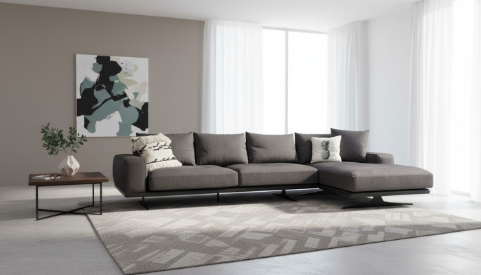 Stūrsofa L-formas sofa dzīvojamā istaba pelēka moderna auduma mēbeles mīksto sēdvietu dizains