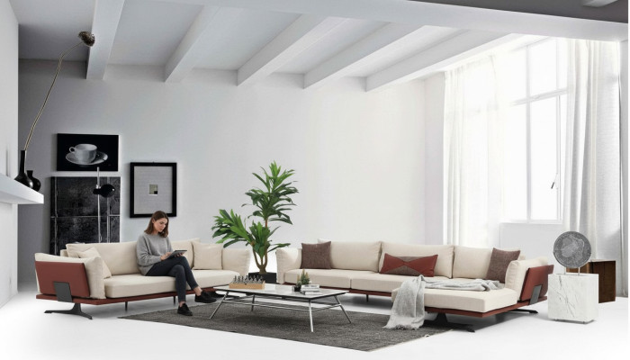 Sofas stūrveida 3-vietīgā dīvāna komplekts Beža moderns audums L-formā