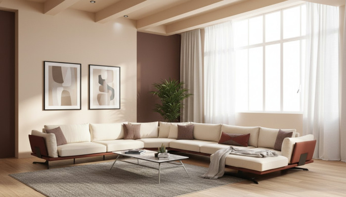 Sofas stūrveida 3-vietīgā dīvāna komplekts Beža moderns audums L-formā