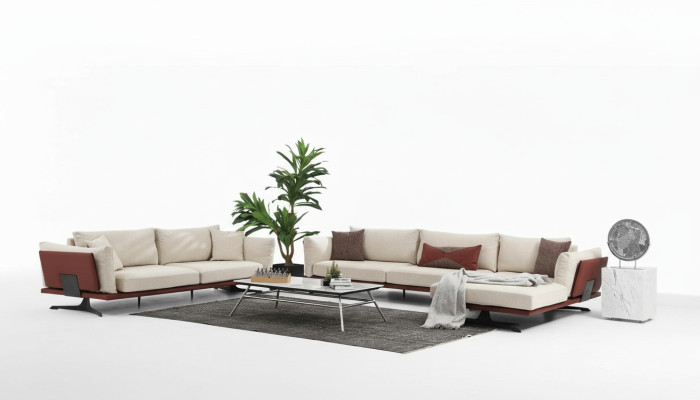 Sofas stūrveida 3-vietīgā dīvāna komplekts Beža moderns audums L-formā