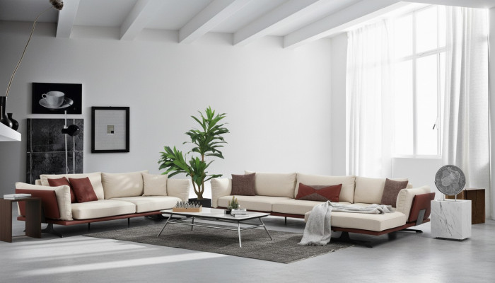 Sofas komplekts ar diviem sēdvietu stūra dīvānu L-formā, bēša krāsā, modernā audumā.