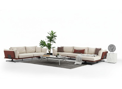 Sofas komplekts ar diviem sēdvietu stūra dīvānu L-formā, bēša krāsā, modernā audumā.