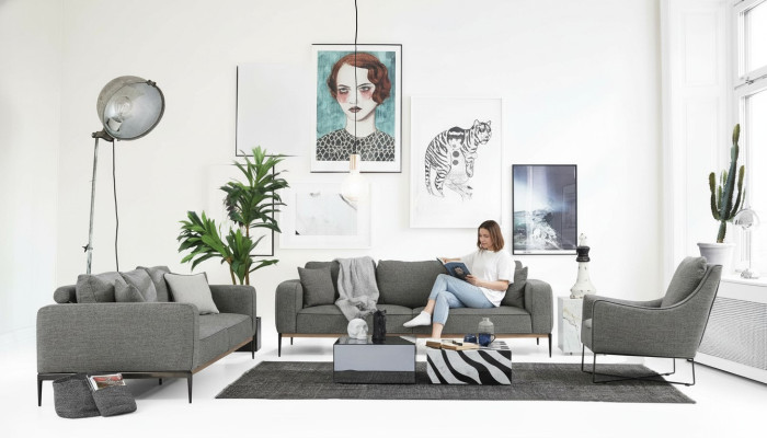 Pilns dīvāna komplekts, dīvāna komplekts, dīvāns, 3 vietas, auduma komplekts, pelēks