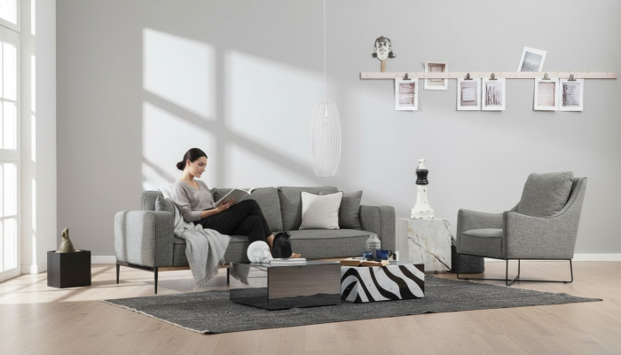 Sofa komplekts 4-sēdvietīgs krēsls četrām personām auduma dīvāns moderns dizains pelēks