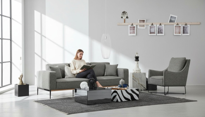 Sofa komplekts 3-vietīgs krēsls Trīs vietu auduma sofa Moderns dizains Pelēks