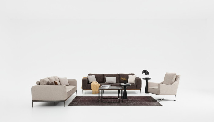 Sofa komplekts ar 2 sēdvietām, dīvāns, krēsls, moderns komplekts bēšā krāsā.