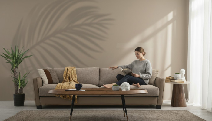 Dīvāns 4 sēdvietu moderns audums beige krāsā dizains dzīvojamā istabā.
