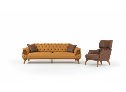 Modernais "Chesterfield" dekorējums ar trīsvietīgu dīvānu, luksusa dīvāna krēslām, dzeltenu 2 gabalu komplektu