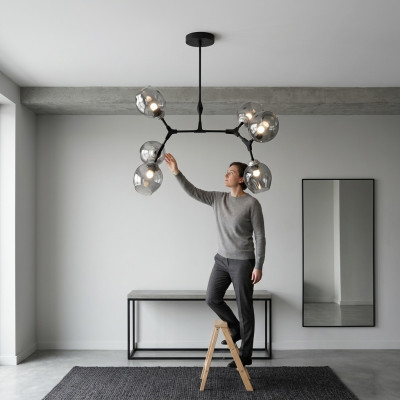 Gaisma ķēdelis Kronleuchter griestu lampa Modern stikls Melna Jauna