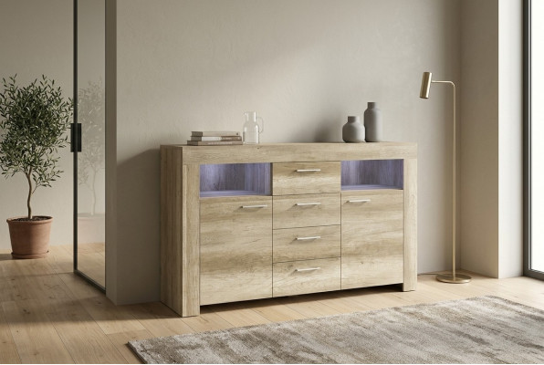 Komoda SK155 Komodas galds Skapis 2 durvis MDF koka skapis 4 izvelkamos nodalījumus