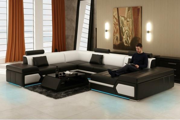 Ādas dīvāns Sofa Dīvāns Dīvāngaldu stūra dīvāns komplekts dizains moderns melns +USB