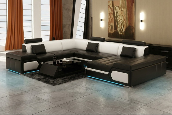 Ādas dīvāns Sofa Dīvāns Dīvāngaldu stūra dīvāns komplekts dizains moderns melns +USB