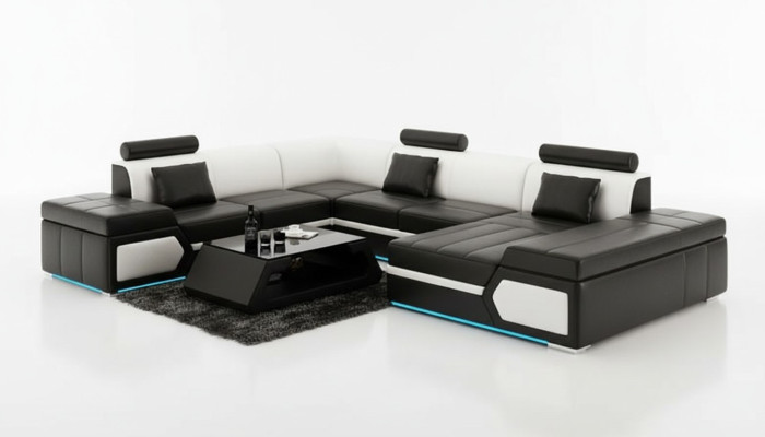 Ādas dīvāns Sofa Dīvāns Dīvāngaldu stūra dīvāns komplekts dizains moderns melns +USB