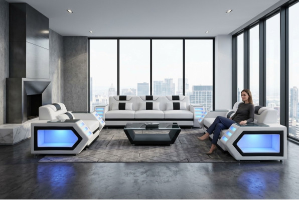 Sofa Dīvāns Sēdvieta Piestiprināta Komplekts Komplekts Ādas Dīvāns,kombinācija 3+2+1 + LED + USB Jauns