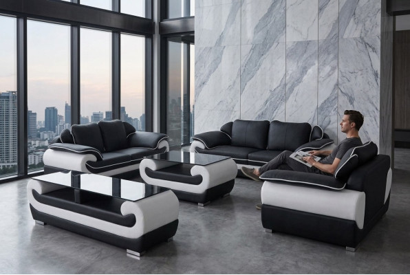 Sofas komplekti ar ādas apdari, dizaina sofa, mēbeļu komplekts 4 gab. 3+2+1 ar USB.