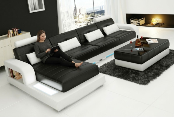 Ādas dīvāns ar USB, dzīvojamā zona, stūra dīvāns, moderne stils, sofa modelis L6008C.
