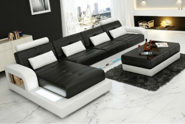 Ādas dīvāns ar USB, dzīvojamā zona, stūra dīvāns, moderne stils, sofa modelis L6008C.