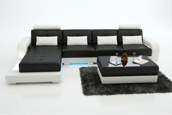 Ādas dīvāns ar USB, dzīvojamā zona, stūra dīvāns, moderne stils, sofa modelis L6008C.