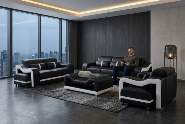 Sofa āda + USB, dīvāns ar auduma apdari 3+2+1 sēdvieta Komplektā komplekti + galds