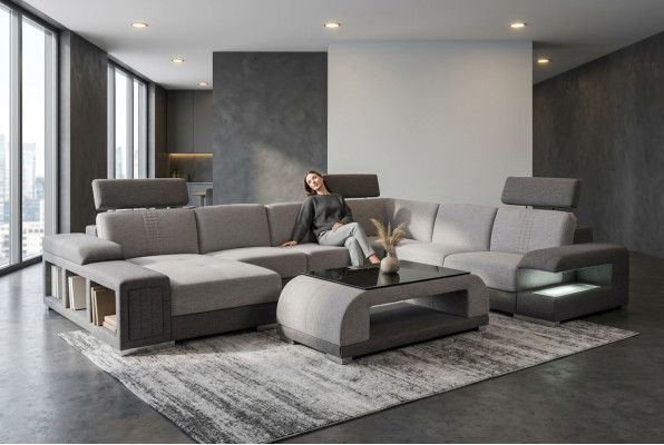 Dīvānu komplekts Modernā sofa Stūris Ādas dīvāns Polster Wohnlandschaft USB+galds