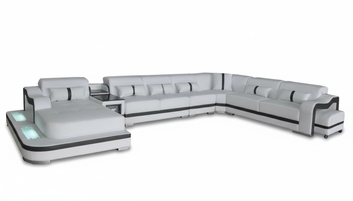 Ādas dīvāns ar polsterētu sēdekli, mūsdienīgi dizainēta stūra mēbeļu komplekta sofa ar USB.