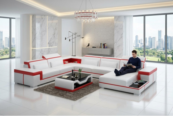 Mūsdienīga stūra mīkstais krēsls ar ādas mēbelēm stūrveida dīvāns dīvāns "Couch Wohnlandschaft" +USB.
