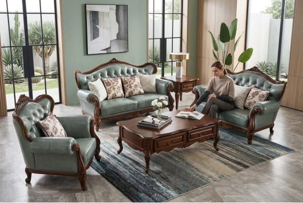 Sofas komplekts 3+2+1 sēdvietas, Chesterfield mēbeles dzīvojamā istaba, auduma galds.