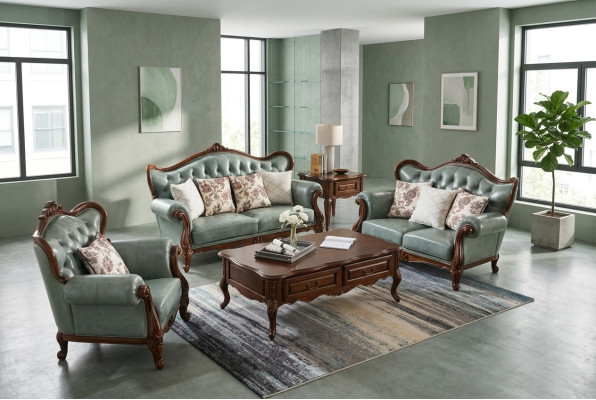 Sofas komplekts 3+2+1 sēdvietas, Chesterfield mēbeles dzīvojamā istaba, auduma galds.