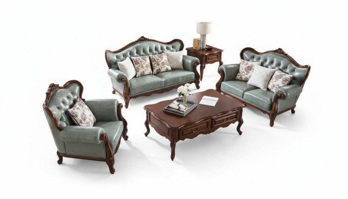 Sofas komplekts 3+2+1 sēdvietas, Chesterfield mēbeles dzīvojamā istaba, auduma galds.