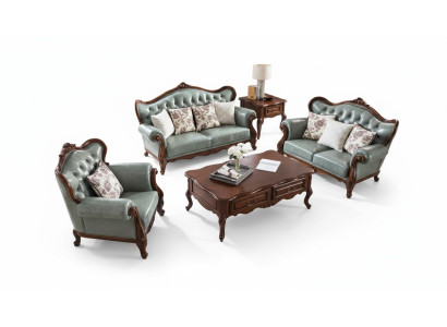 Sofas komplekts 3+2+1 sēdvietas, Chesterfield mēbeles dzīvojamā istaba, auduma galds.