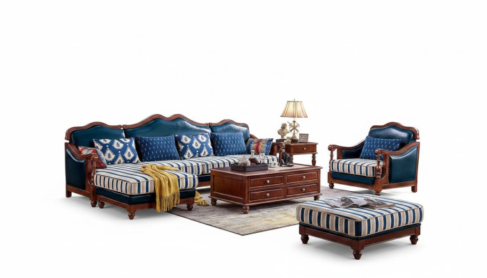 Zils stūra dīvāns ar krēslu koloniālais dīvāns mēbeles antikvarisks stils dīvāni