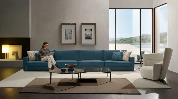 Sēdētspēja ar četrām vietām Polster Couch Ādas dīvāns Itāļu mēbeles Zila krāsa