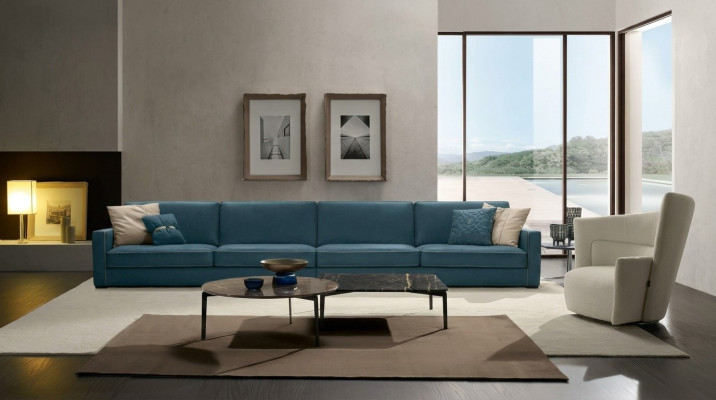 Sēdētspēja ar četrām vietām Polster Couch Ādas dīvāns Itāļu mēbeles Zila krāsa