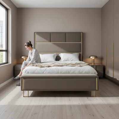 Taupe mīkstas gultas divguļamās gultas koka guļamistabas mēbeles viesnīcai ar mīkstu materiālu 180x200.