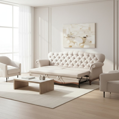 Chesterfield guļamsofa ar gultas funkciju trīsvietīga dīvāns no tekstila