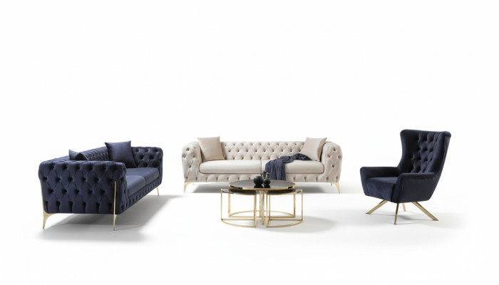 Sofagarnitur Zils Dīvāns Luksusa Dīvāni Krēsls 3+3+1 Sēdētājs Chesterfield dizains Samts
