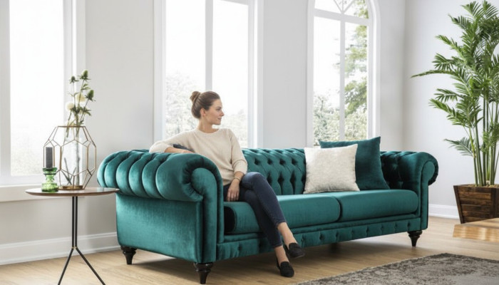 Klasiska Chesterfield trīsstāvu mēbeļu dīvāns luksusa zaļš 3 sēdvietu dīvāns
