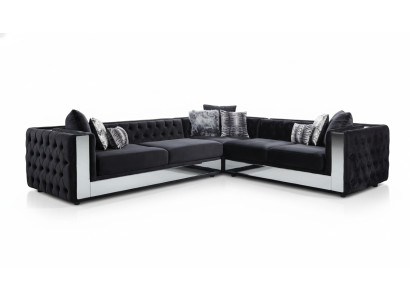 Melna Chesterfield mīkstā sofa Stūra dīvāns Garnitūra Mēbeles Luksusa stūra dīvāns