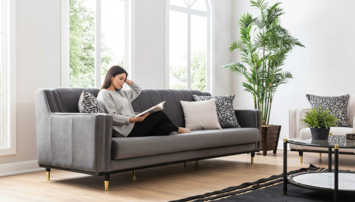 Klasiskā pelēka sofa 3 sēdvietu sofai dizaina dīvāns trīs vietu luksusa mēbeļu stilā